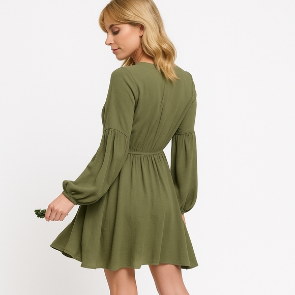 Blu Pepper Long Sleeve Mini V Neck Dress Olive S - Picture 2 of 11